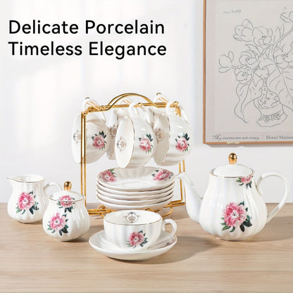 Porcelain Tea Set Service for 6 British Royal Floral Design with Teapot Sugar Bowl Cream Pitcher Teaspoons Tea Strainer 8oz Cups Saucers