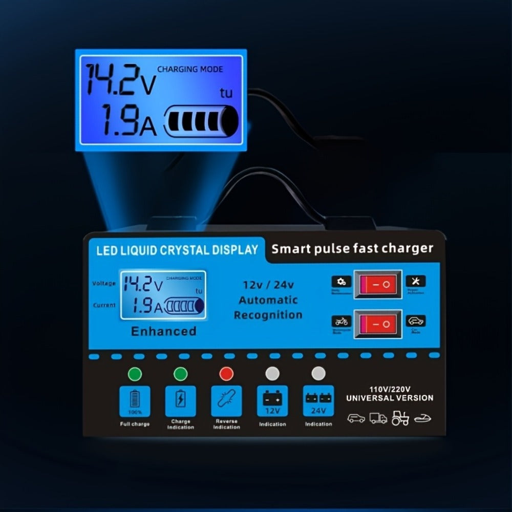Intelligent Battery Charger & Inverter 12V & 24V – LCD Display, Trickle Maintenance, Overcharge & Short Circuit Protection for Cars Yachts