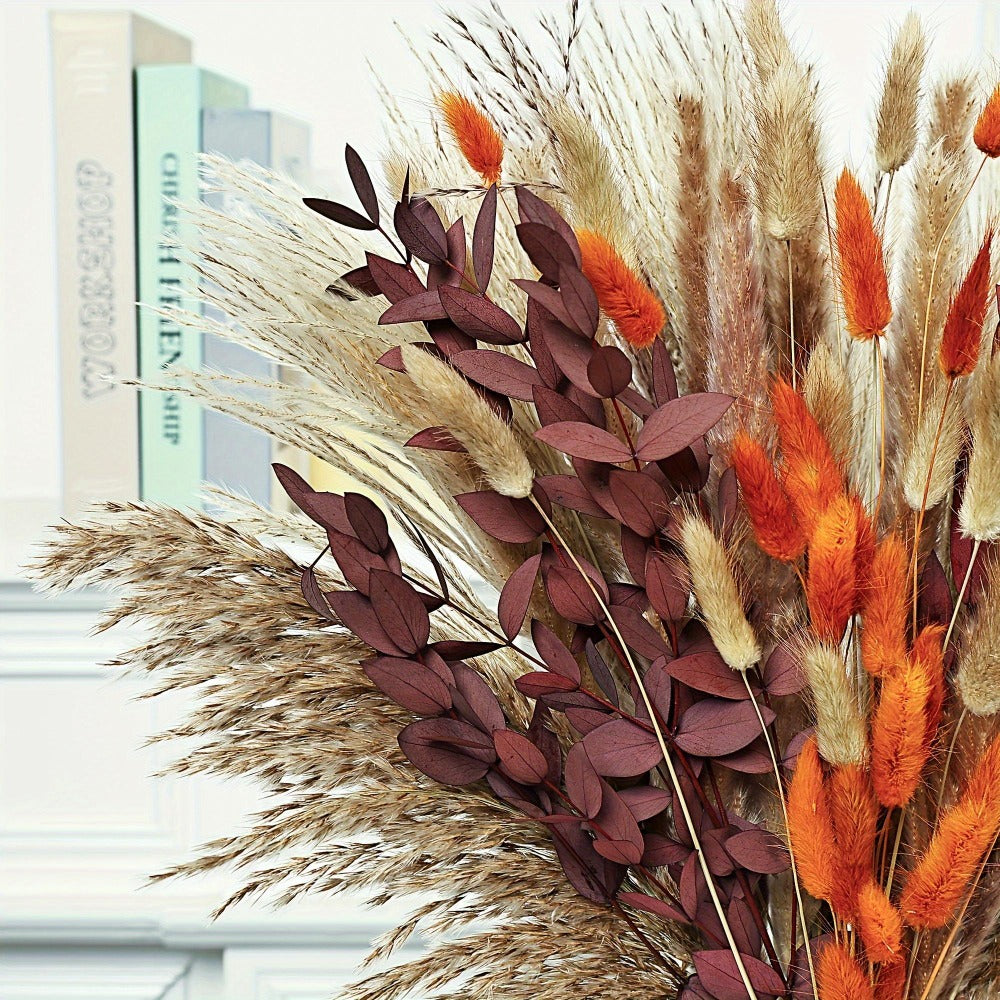 Artificial Pampas-Style Bouquet, 72-Piece 17-Inch Autumn Mix with Feathery, Reed and Leaf Stems