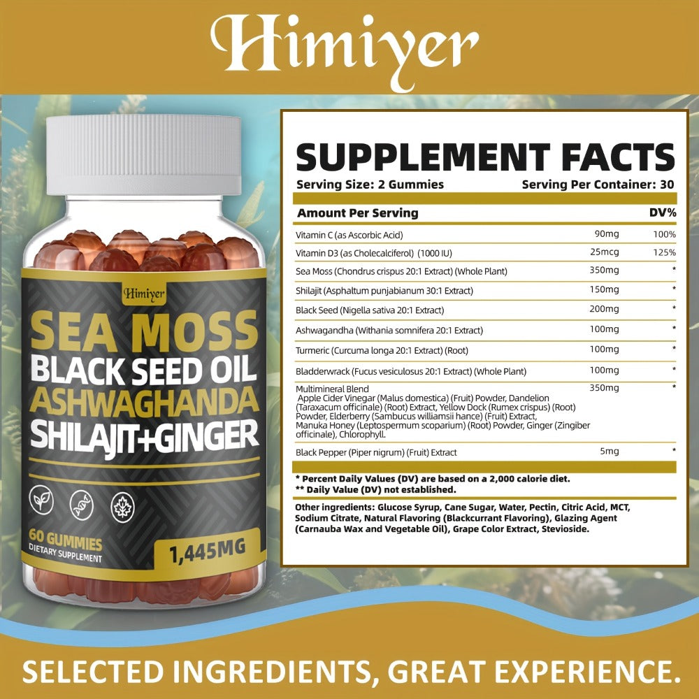 Sea Moss Gummies with Black Seed Oil, Ashwagandha, Shilajit, Elderberry, Chlorophyll, Turmeric & Bladderwrack