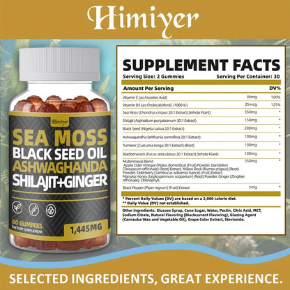Sea Moss Gummies with Black Seed Oil, Ashwagandha, Shilajit, Elderberry, Chlorophyll, Turmeric & Bladderwrack