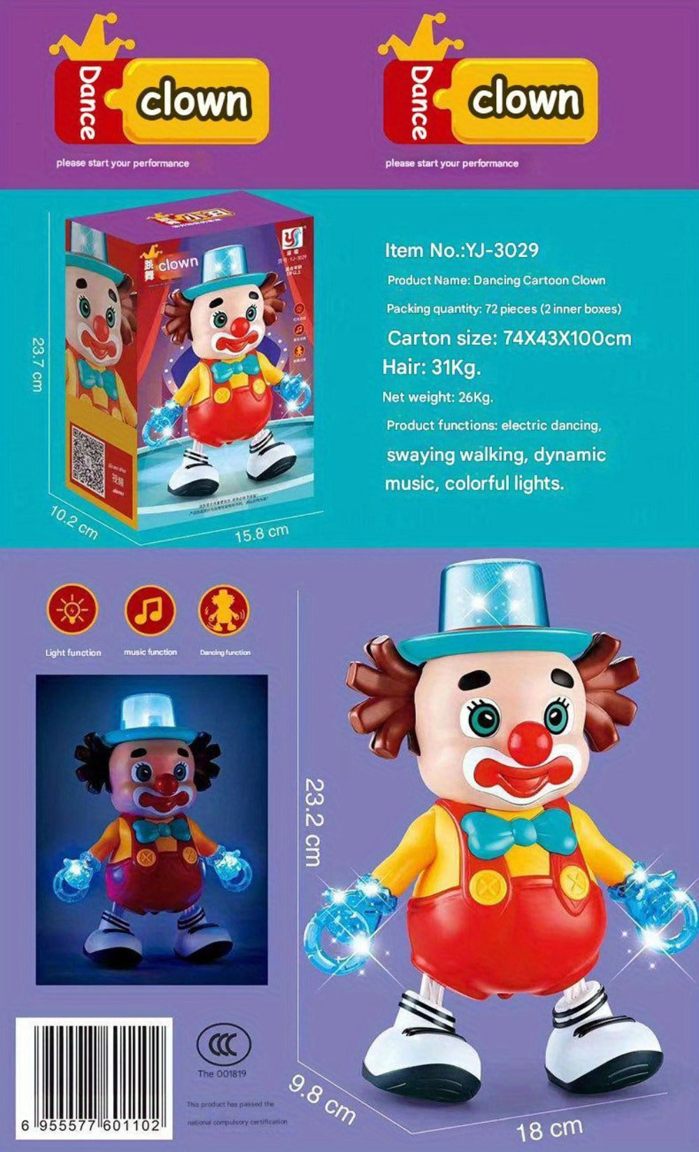 Dancing Clown Toy Doll with Light & Music, Swinging Fidget Toy for Kids Boys & Girls, Funny Weird Halloween Decoration