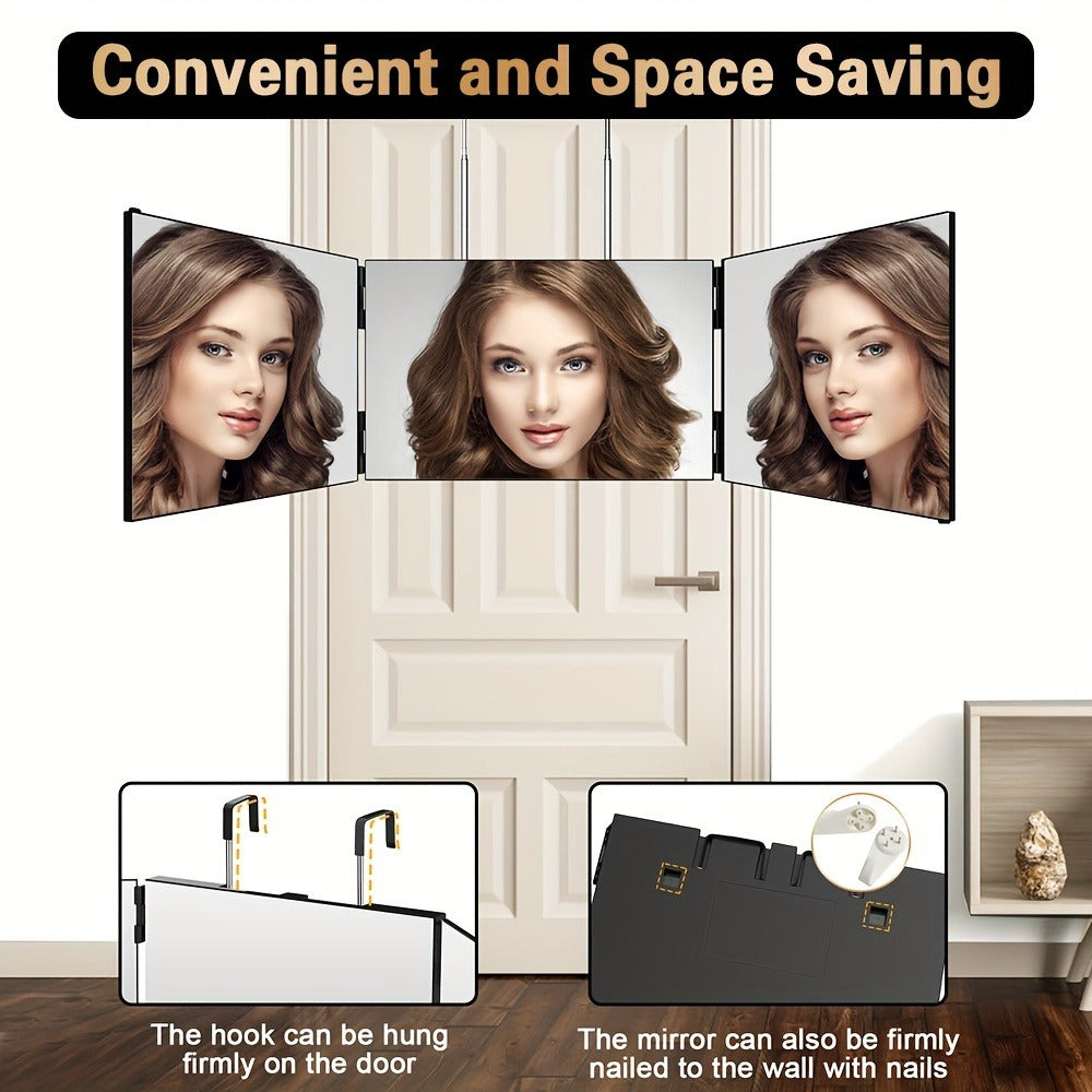 3-Way Self Haircut Mirror with LED Light & Accessories – 360° View Anti-Fog HD Glass, Height Adjustable Door Wall Table Mount