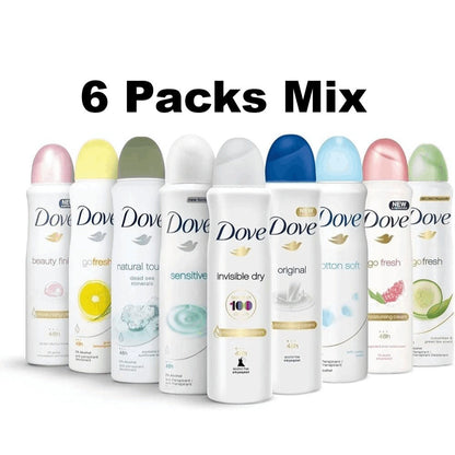 Dove Deodorant Body Spray for Women Antiperspirant 6 Pack Variety Set 48H Protection for Bath Time, Home Spa and Personal Care
