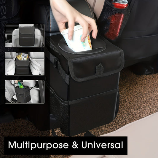 Collapsible Hanging Car Trash Bag with Lid, Side Storage Pockets, Black Finish and 25 × 16 × 15 cm Size