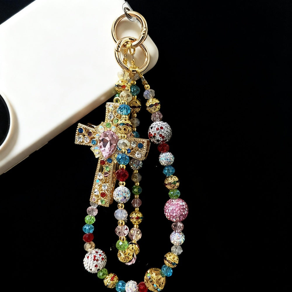 Crystal Cross Phone Chain Keychain Luxury Rhinestone Bling Bag Charm Pendant – Shining Mini Bag Chain Fashion Accessory for Women Colorful
