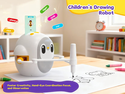 Drawing Robot for Kids Penguin, 200 Learning Cards & 12 Color Pens, STEM Art Educational Toy, Screen-Free Interactive Drawing Game
