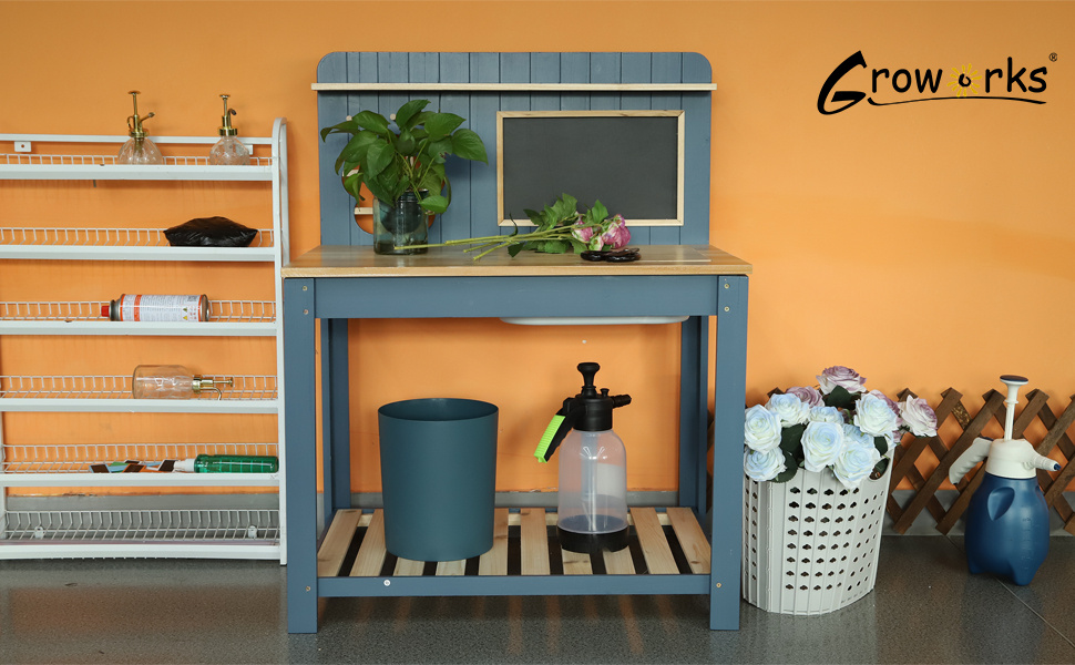 Potting Bench Table Cedar Wood Garden Workstation with Blackboard Removable Sink Hooks Double Shelf for Garden, Patio and Yard Use