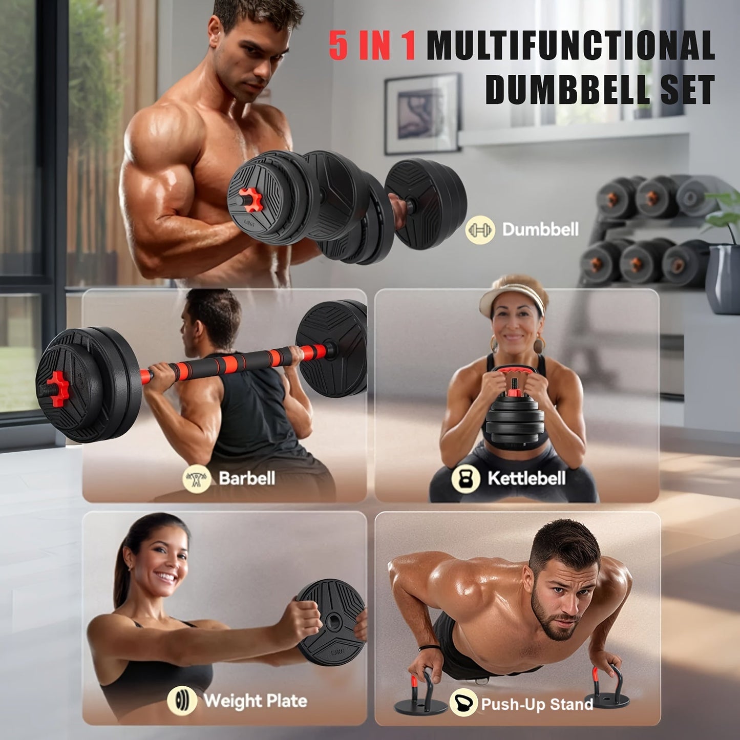Adjustable Dumbbell Set 5-in-1, 20/30/40/60/110LBS Free Weights with Upgraded Lock Nut, Converts to Barbell, Kettlebell