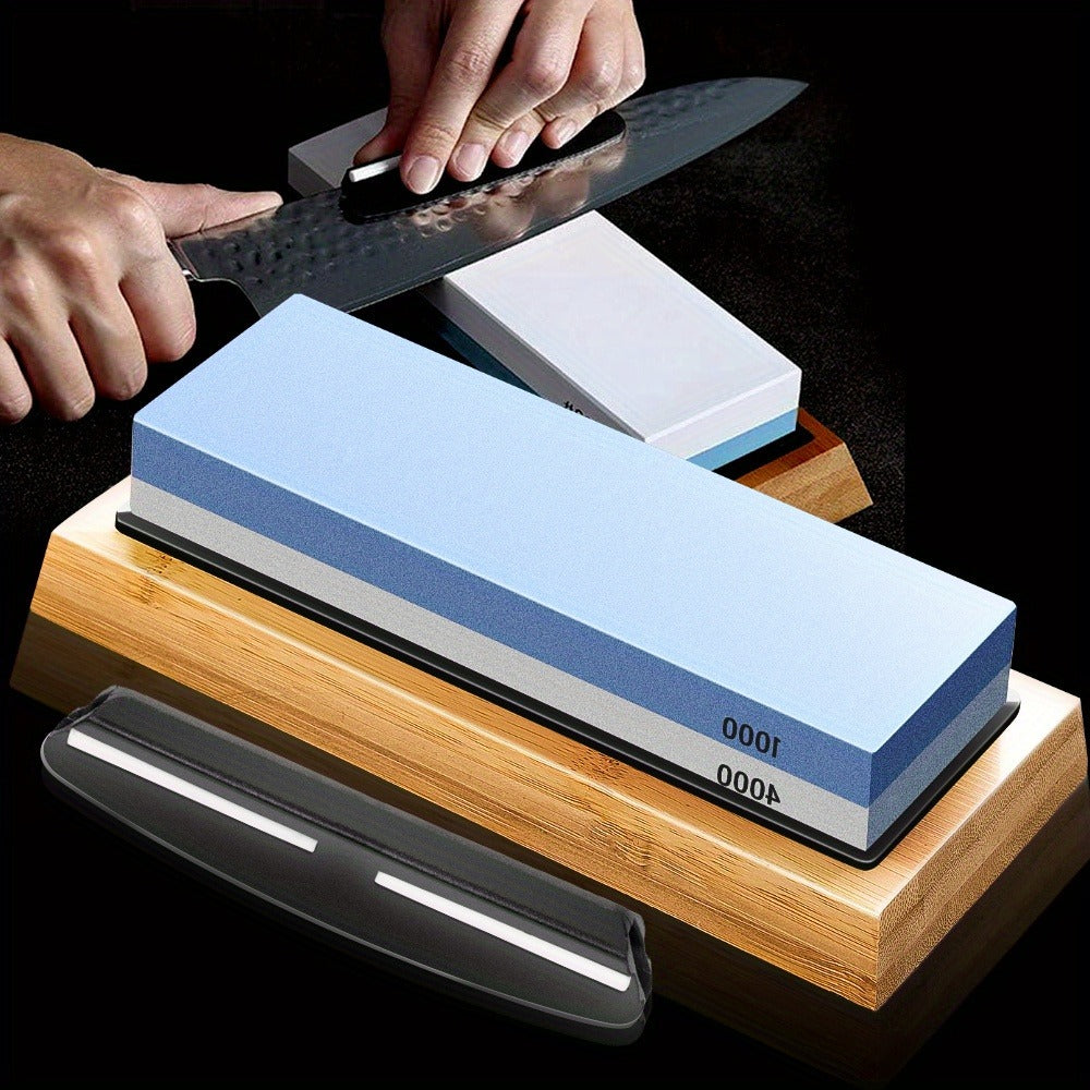 Knife Sharpening Stone 1000/4000 Grit Whetstone Set with Bamboo Base and Angle Guide for Home Cooking, Dining and Outdoor Meals