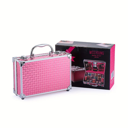Makeup Kit 56-Piece Handled Mirror Case with Mixed Face, Eye and Lip Cosmetics in Silvery or Rose Color