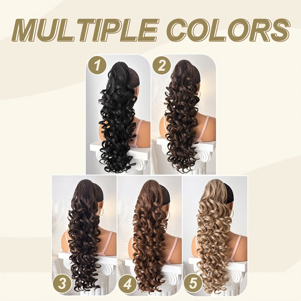 Curly Ponytail Extension 28 Inch Long Heat Resistant Synthetic Clip In Wrap Around Hairpiece Voluminous Bouncy Curls 4 Styles for Women