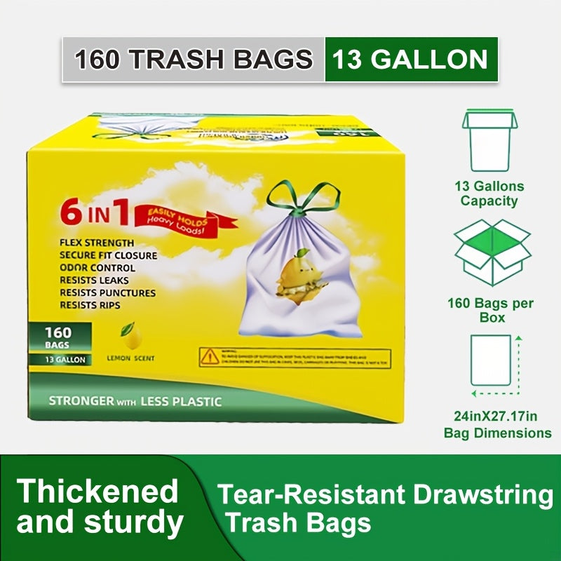 13 Gallon Trash Bags Tear-Resistant Drawstring Garbage Bags with Fresh Lemon Scent Thickened for Home Cooking, Dining and Outdoor Meals