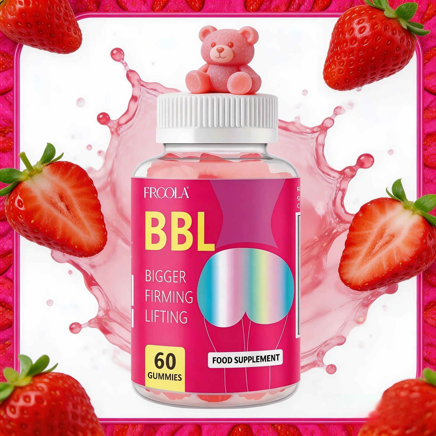 BBL Gummies for Women Butt Enhancement 60 Count Strawberry Flavor for Bath Time, Home Spa and Personal Care