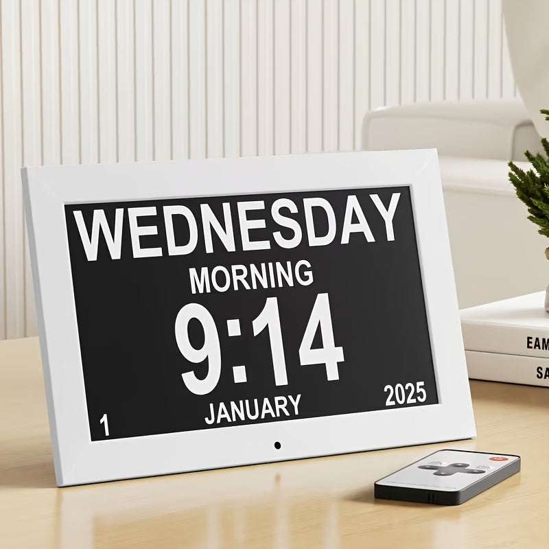 Digital Photo Frame Clock Large Display Calendar Alarm Clock for Seniors USB Powered Supports for Entryways, Bedrooms and Living Spaces