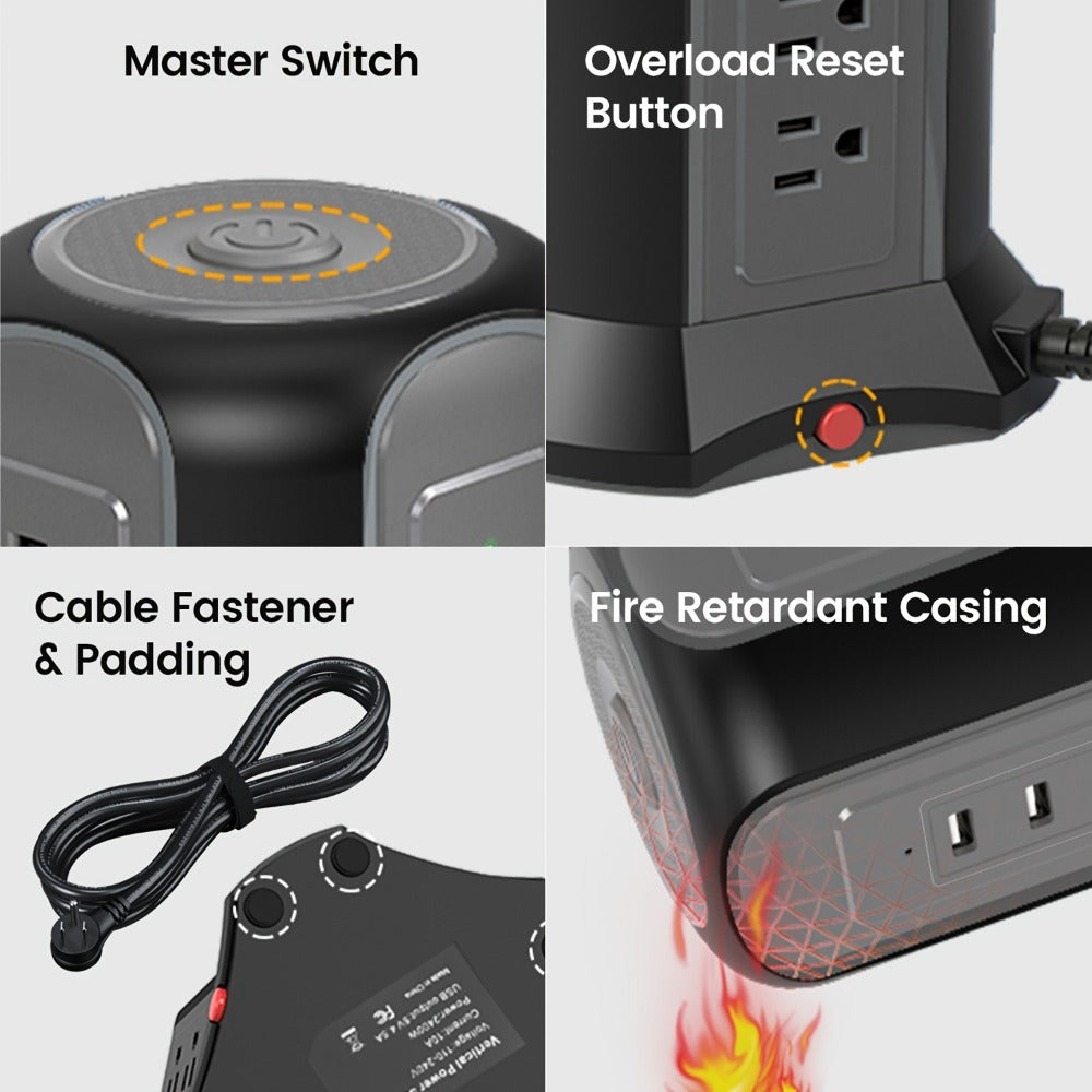 Surge- Power Tower 13-in-1 with Wireless Charger, 9 AC Outlets & 4 USB Ports (2 USB-C PD18W), 1080J Surge Protector