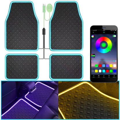 Edge-Lighted Car Floor Mats, Four-Piece Set with App-Controlled RGB Strip and Soft or PU Surface Options