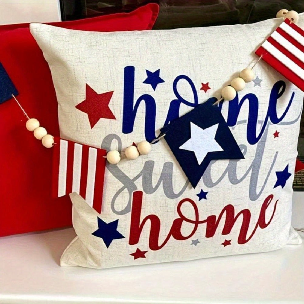 Patriotic Bunting Flags with Wood Bead Garland – 4th of July Red White Blue Hanging Banner Decor for Independence Day Party