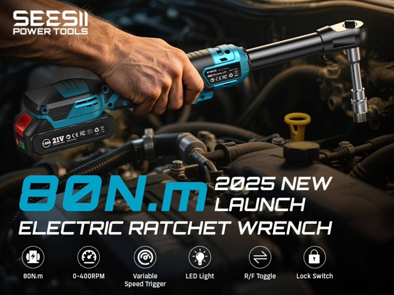 21V Power Ratchet Wrench Set 3/8'' Drive, 59 Ft-lbs 400 RPM Cordless Electric Ratchet, Variable Speed Trigger