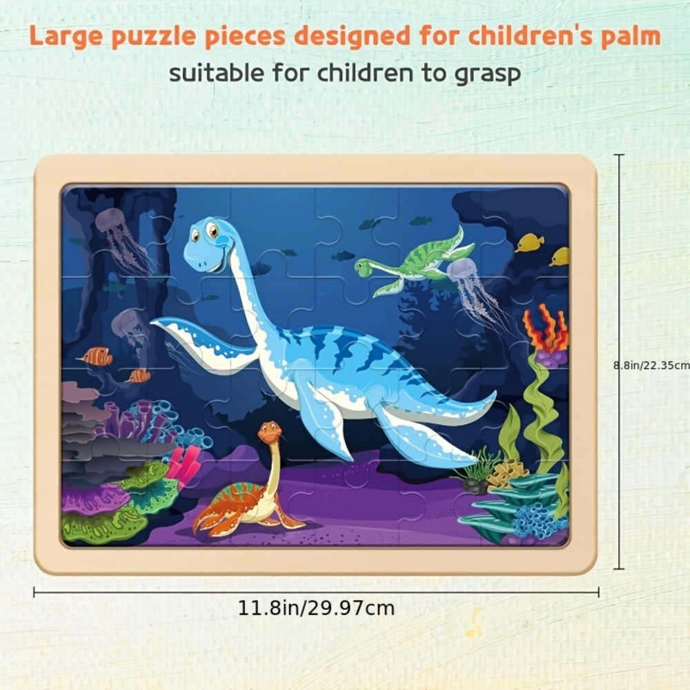 Dinosaur Puzzle Set for Kids Ages 3-8 Wooden 4-in-1 Jigsaw with 24 Pieces Each, Colorful Preschool Educational Toy for Boys & Girls