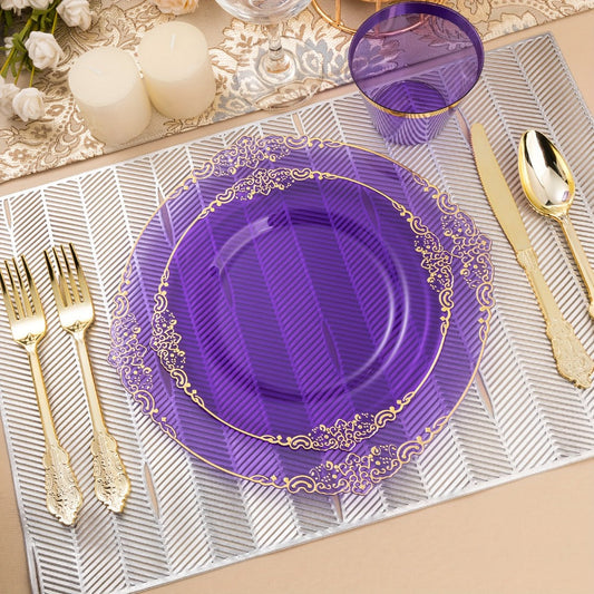 Disposable Party Plates Set 175 Pieces for 25 Guests Clear Plastic Plates with Gold Trim for Entryways, Bedrooms and Living Spaces