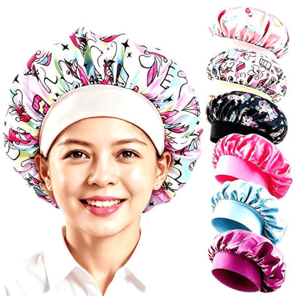 Shower Caps 6 Pack Unicorn Colorful Printed – Adjustable Elastic Reusable Waterproof Hair Cap Set for Women & Girls