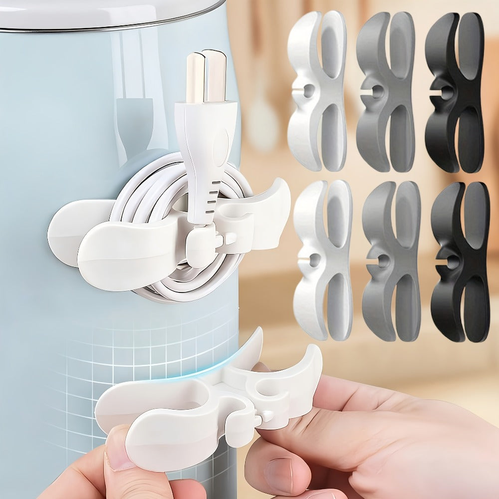 Double-Channel Cable Organizer Clips with Six Black, White and Gray Holders and Six Adhesive Pads