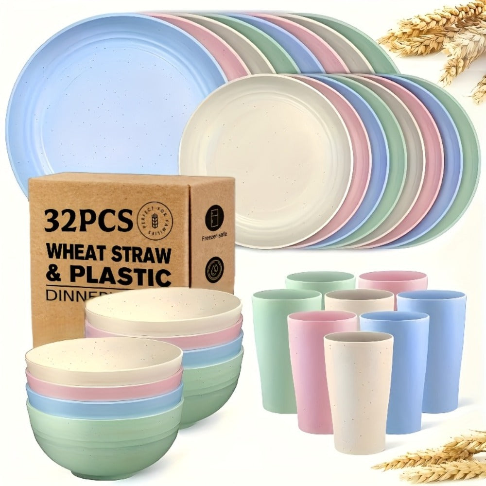 Wheat Straw Dinnerware Set 16 or 32 Piece – Plates & Bowls for 4 or 8 People, Microwave & Dishwasher Safe Plastic Dish Set