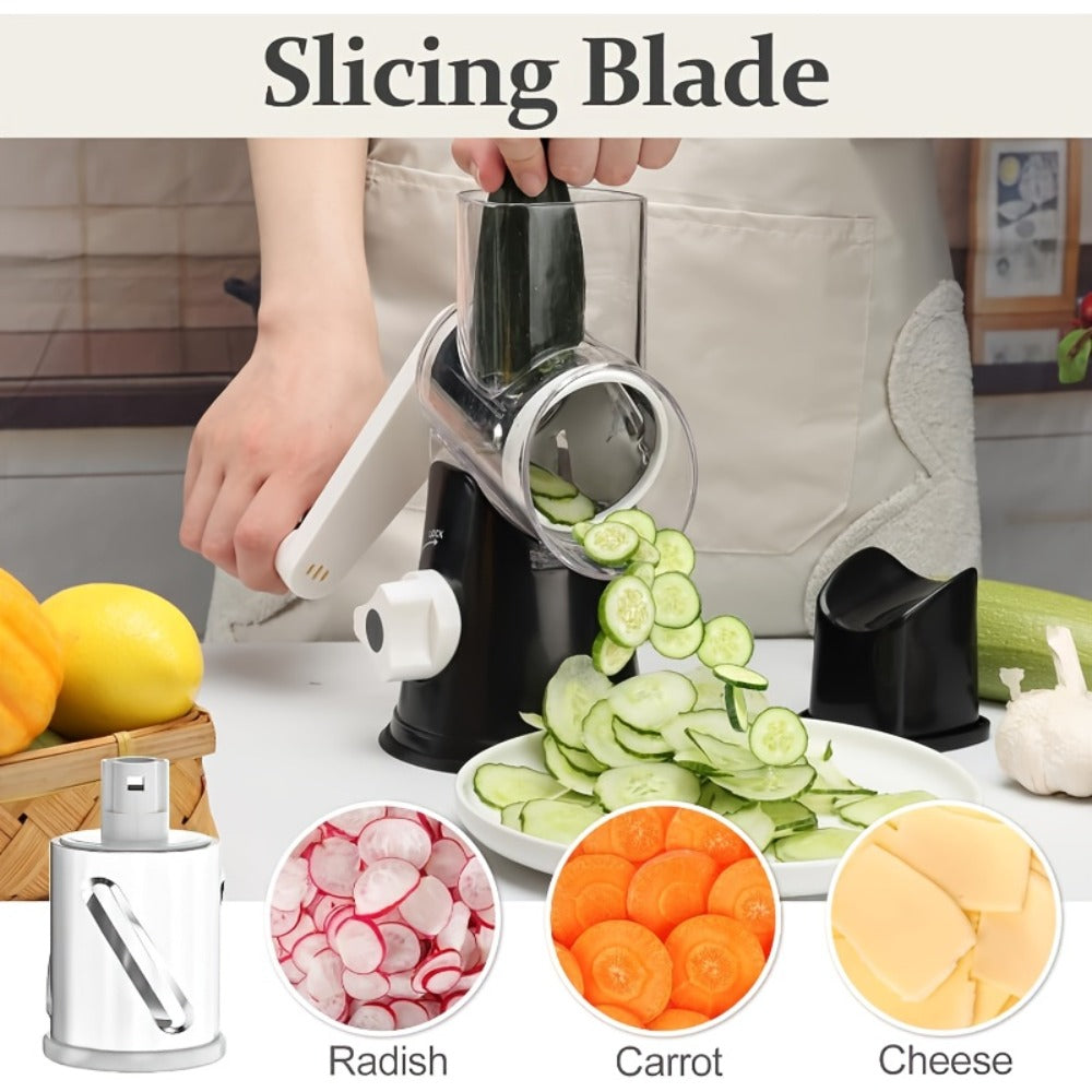 Rotary Cheese Grater with Hand Crank, 3 Interchangeable Blades for Cheese, Vegetables & Nuts, Suction Base