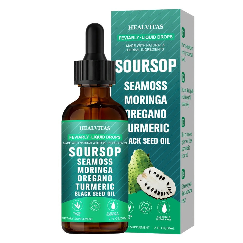 Soursop Bitters Liquid Supplement 2oz 10-in-1 with Seaweed Moringa Turmeric Black Seed Oil & Oregano Herbal Extracts