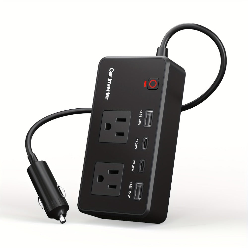 200W Car Power Inverter DC 12V to 110V AC Outlet + USB-C & USB-A 4.8A 24W, Car Plug Adapter Converter for Laptop Camping Travel Road Trip