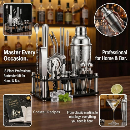 Bartender Kit 18-Piece with Acrylic Stand, 18/8 Stainless Steel Bar Set, Martini Shaker, Jigger, Muddler & Recipe Book