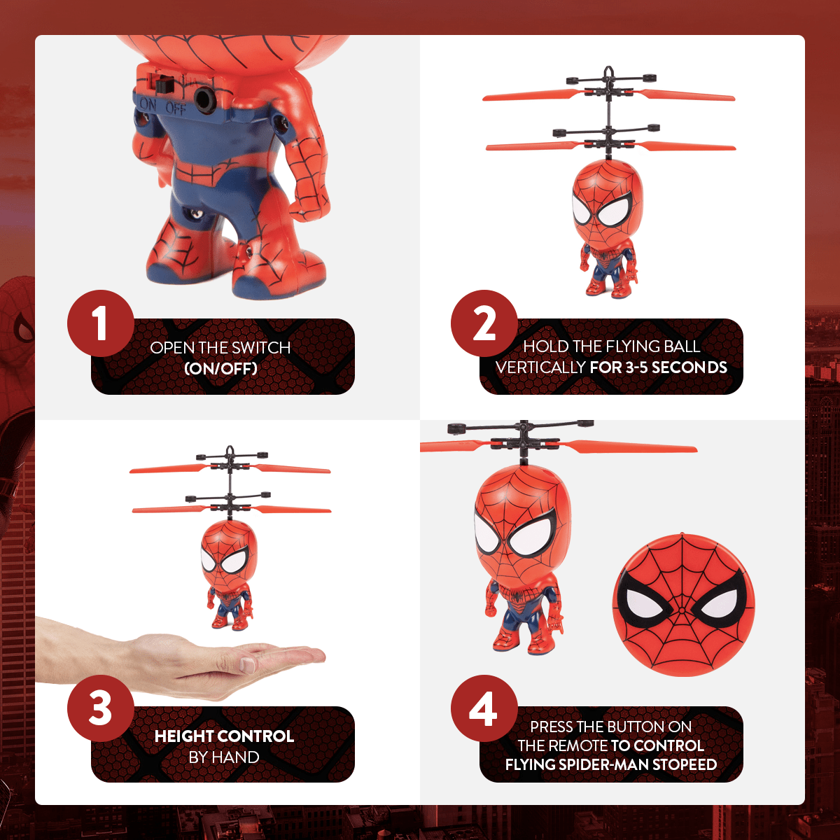 Marvel Spider-Man Flying Figure IR Helicopter Toy 3.5 Inch, Remote Control Infrared Superhero Copter for Kids Boys