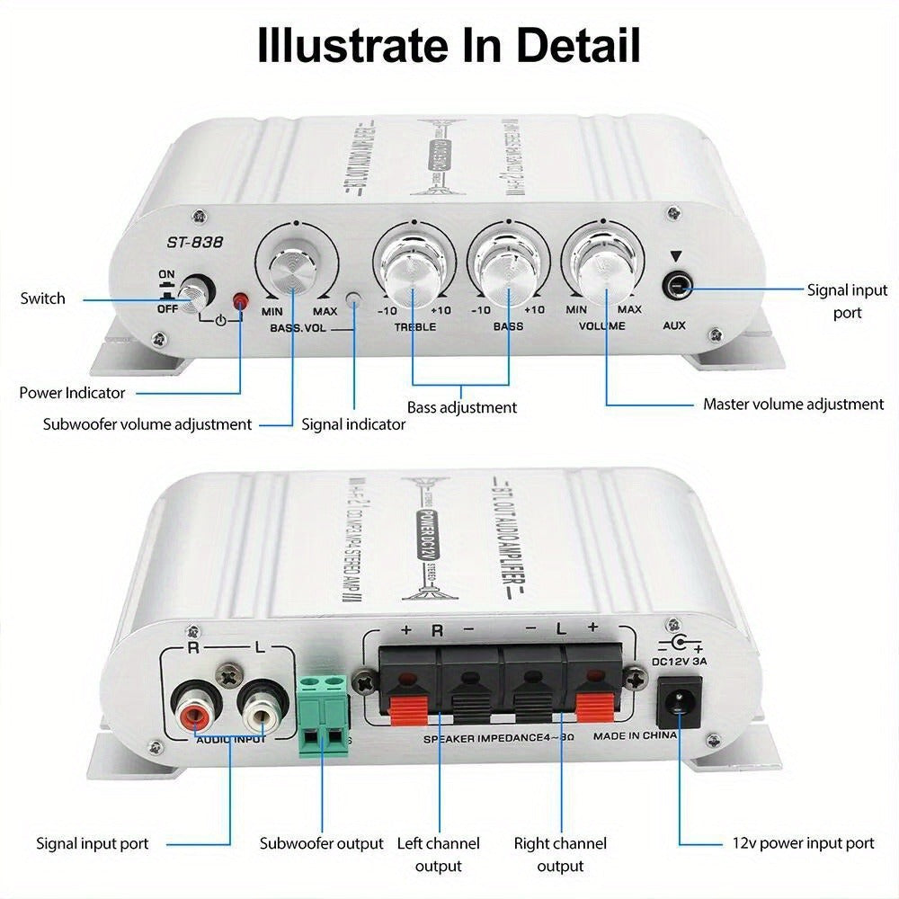 400 Watt 2.1 Channel Car Audio Stereo Amplifier, 12V Class A/B HIFI Power Amp with RCA & AUX Input, Subwoofer Output, Cast Iron Build