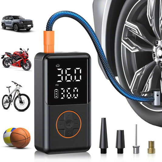 Compact Cordless Tire Inflator with Digital LCD Screen, Blue Air Hose and Pictured Valve Adapters