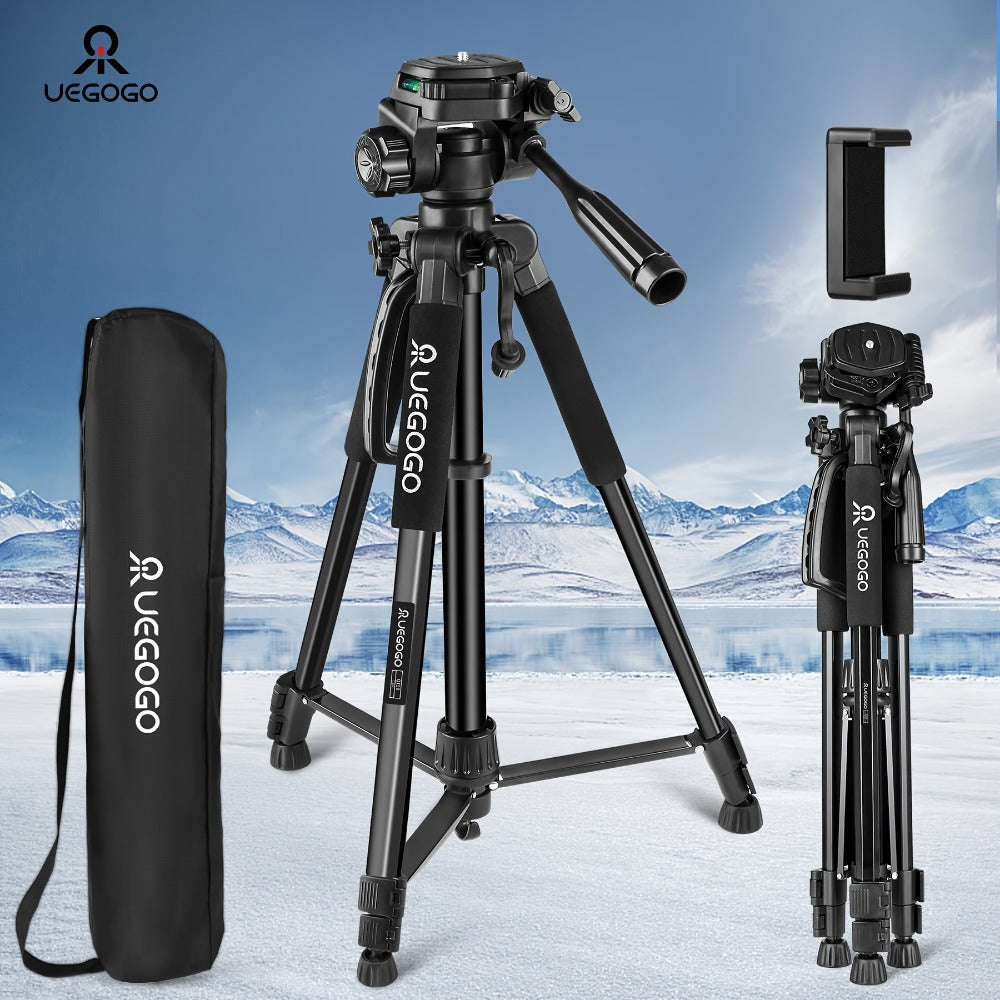 60-Inch Camera Tripod in Black with Pan-and-Tilt Head, Quick-Release Plate, Phone Holder and Storage Bag