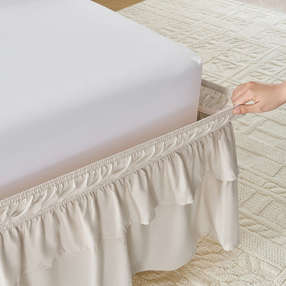 Double Ruffle Bed Skirt 16" Drop, Elastic Wrap Around Dust Ruffle for Twin Full Queen King Bed, Easy Install Linen Poly Blend Bedskirt