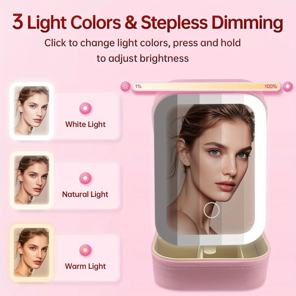 Lighted Makeup Mirror with Travel Case Cosmetic Organizer 3-Color LED Light 1200mAh, for Makeup, Travel and Everyday Vanity Use