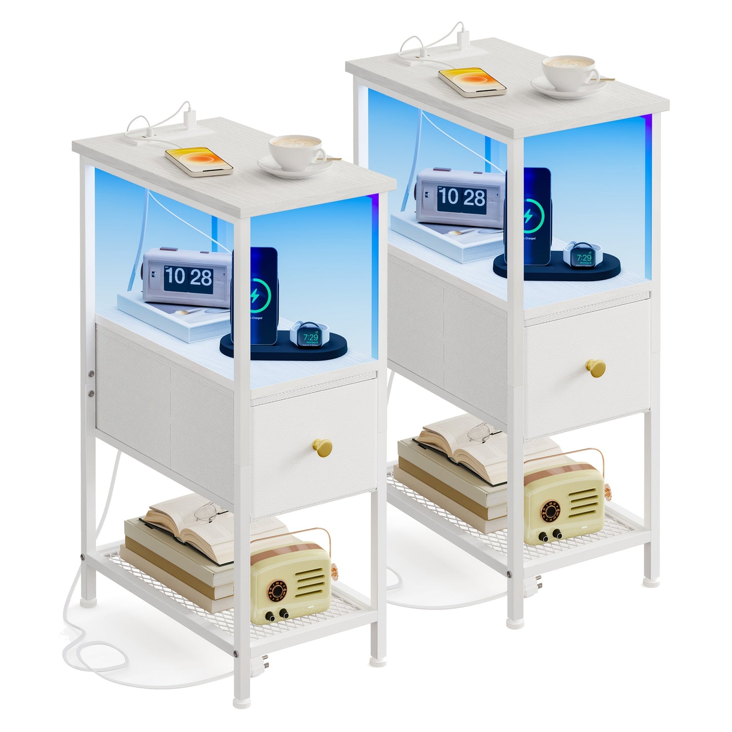 Nightstand Slim One or Two Fabric Drawers with Charging Station, LED Light and Single or Two-Pack Choice