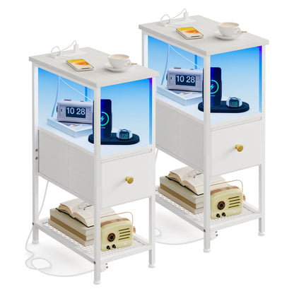 Nightstand Slim One or Two Fabric Drawers with Charging Station, LED Light and Single or Two-Pack Choice