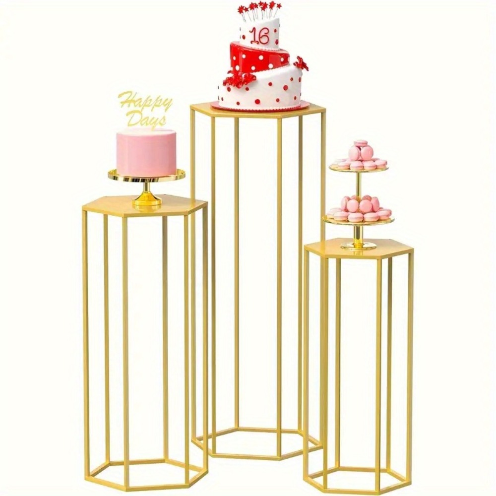 Golden Metal Dessert Display Stands with Three-Piece Square Pedestal Set or Double-Layer Hexagon Stand