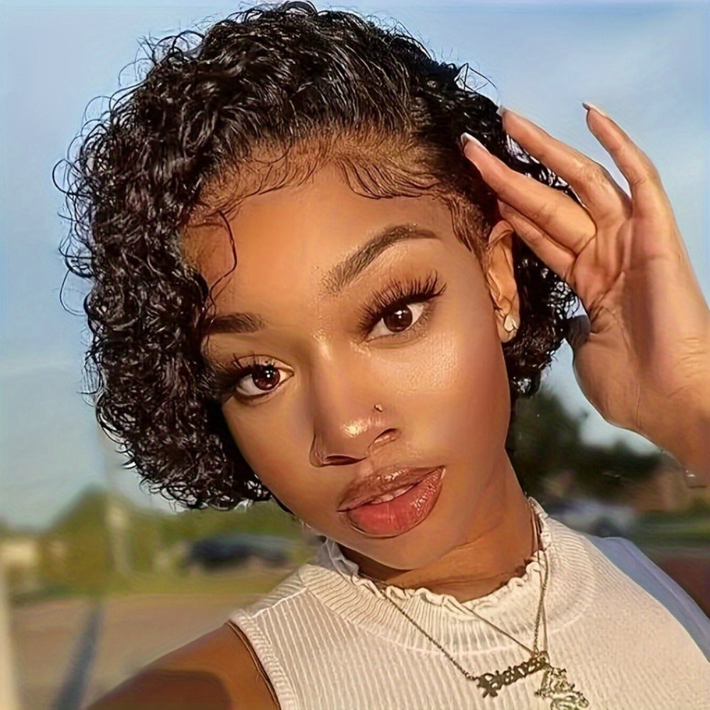 Synthetic Wig 6-Inch Short Small-Curl Afro in Black with Glueless Rose Net Cap for Events and Cosplay