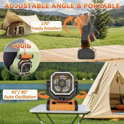 Outdoor Fan, 20000mAh with Built-In LED Light, USB Rechargeable Portable Outdoor Fan with Sturdy Handle, Rugged Compact Design for Tent