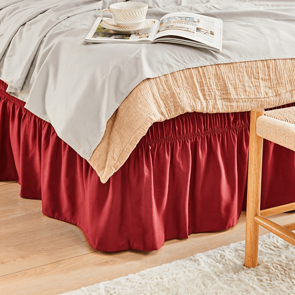Bed Skirt Elastic Wrap Around Ruffle – 15 Inch Drop Microfiber Dust Ruffle, Adjustable No-Lift Fit, Fade Resistant Machine Washable