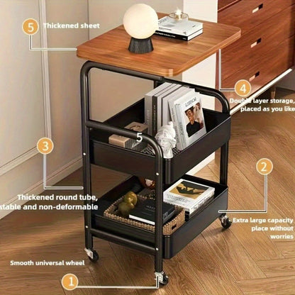 Storage Trolley with Wheels 3-Tier Wooden Tabletop Rolling Cart – Reinforced Black Metal Frame, Locking Casters