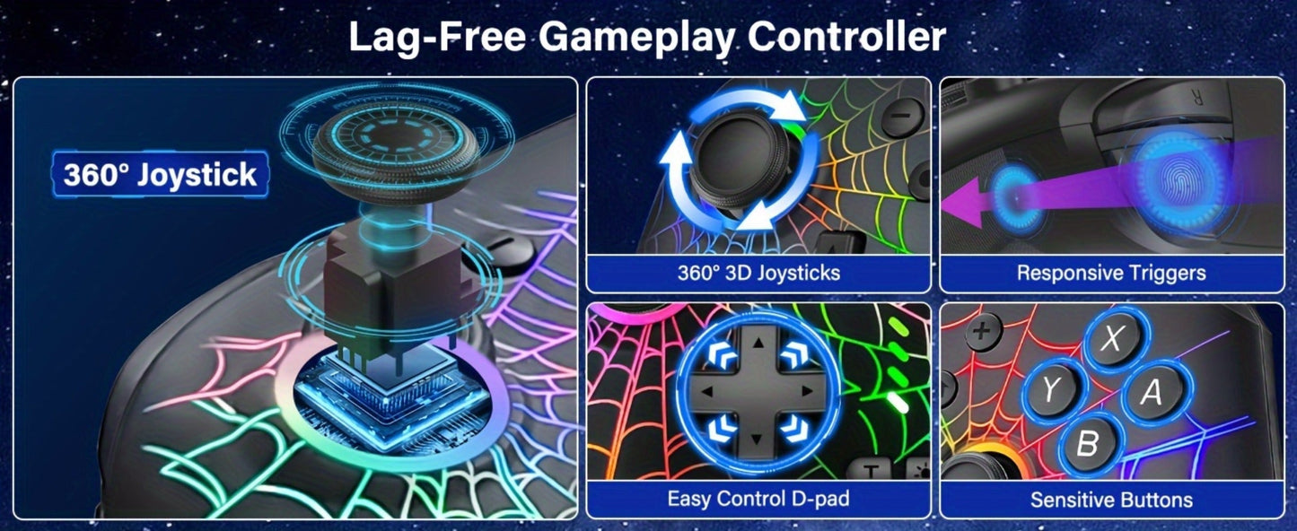 RGB Wireless Gaming Controller in Black with Spiderweb Shell, Back Buttons and USB-C Charging for Switch Systems