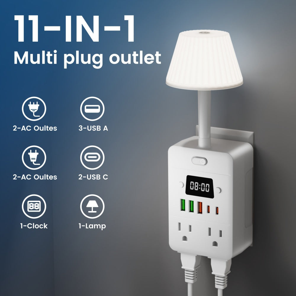 11-in-1 Multifunctional Power Strip with Desk Lamp & Digital Clock, 4 AC Outlets, 3 USB-A & 2 USB-C