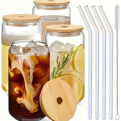 Drinking Glasses Set with Lid and Straw 550ml Oval Glass Cups 4 or 6 Piece, for Home Cooking, Dining and Outdoor Meals