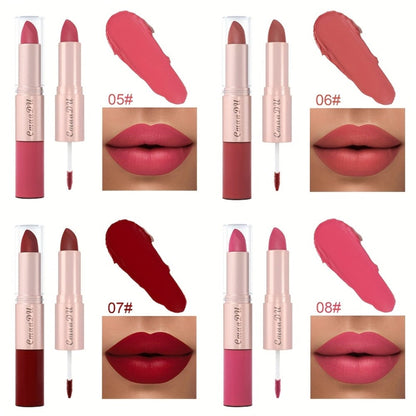Dual-Ended Matte Lipstick & Lip Gloss Set 4pcs, 2-in-1 Velvety Lip Color, Non-Drying Comfortable Formula