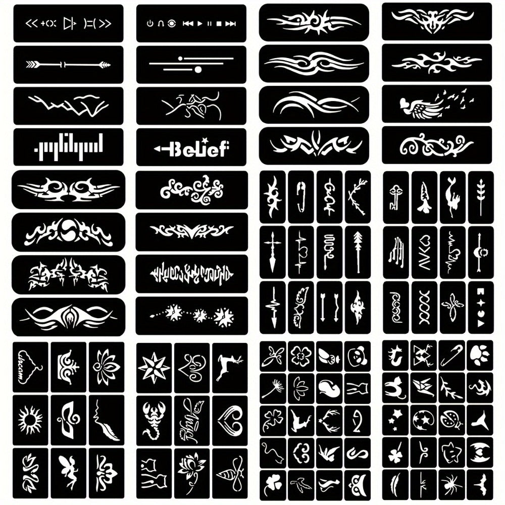 DIY Tattoo Stencils Set 12 Sheets Hollow Design Templates | Reusable Body Art Kit for Arm Ankle Ear Wrist | Waterproof Compatible with Juice
